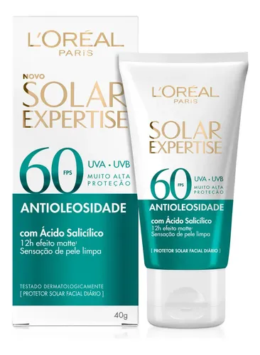 Protetor Solar Facial Antioleosidade FPS60, Controle de Oleosidade por 12h, Efeito Matte Sem Cor, Solar Expertise L'Oreal Paris, 40g