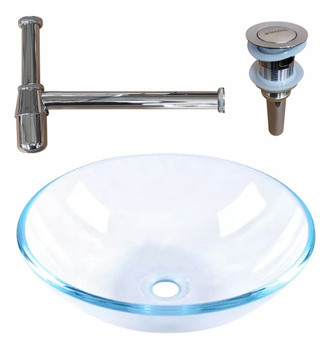 Solana Kit Ovalin De Vidrio Templado 35cm Con Contra Push De Acero Inoxidable Y Cespol Completo Níquel / Kit Completo Babel-1 Para Baño Hogar / Hoteles / Oficinas