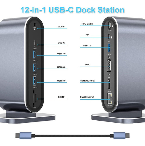 Estación De Acoplamiento Usb C 12 En 1, Usb C Hub Dock, Pant