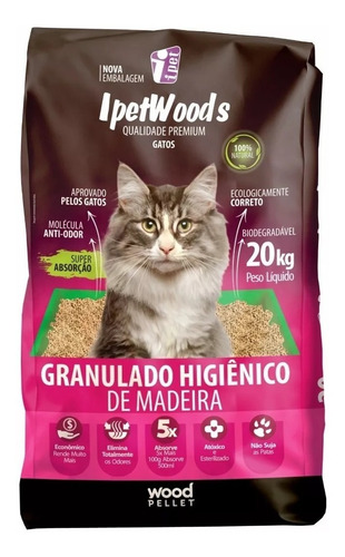 Granulado Higiênico De Madeira Ipet Wood's Gatos - 20kg x 20kg de peso neto