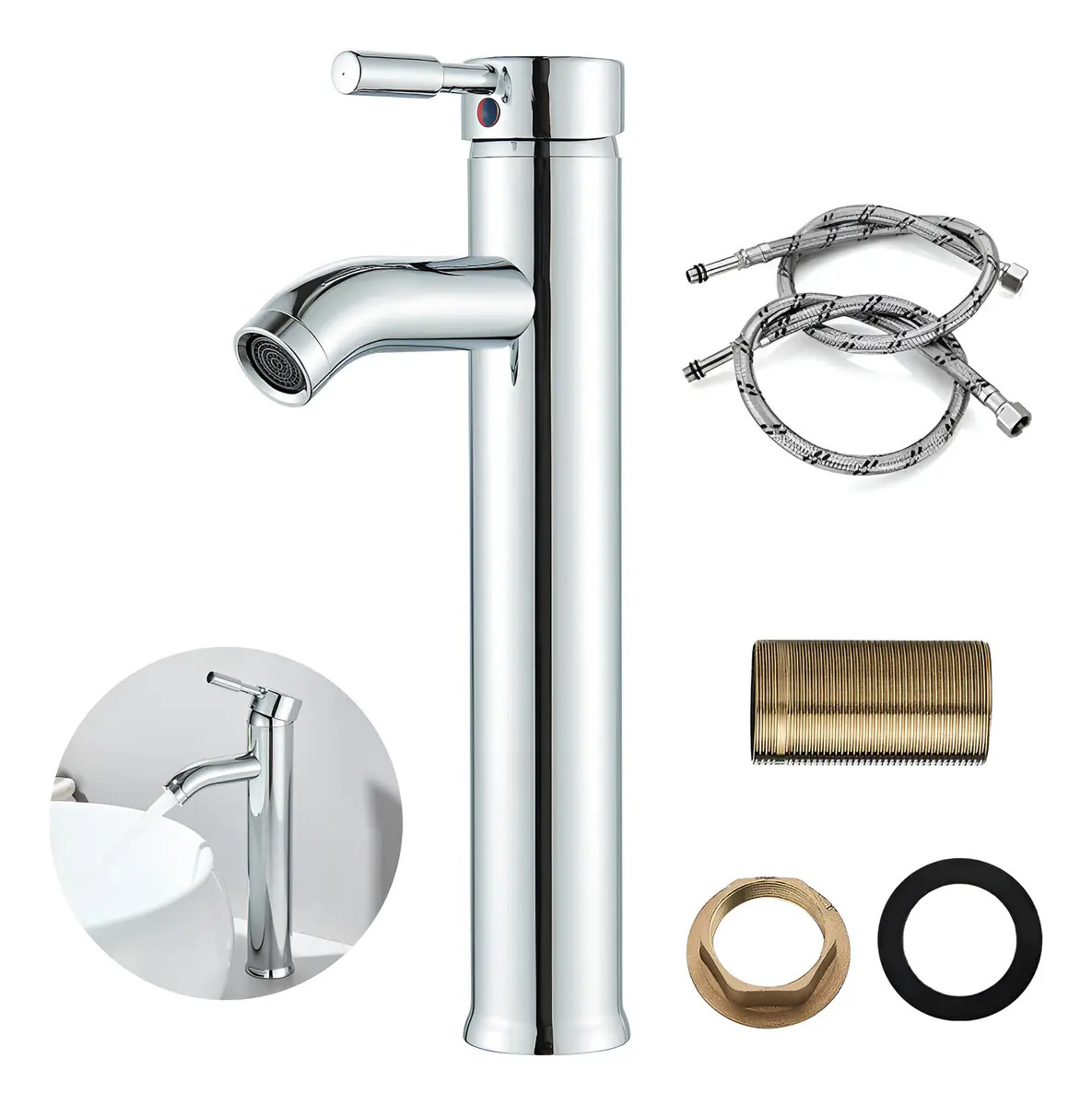 Llave Mezcladora Alta Monomando Para Fregadero Lavabo Baño Acabado Brillante Color Plateado