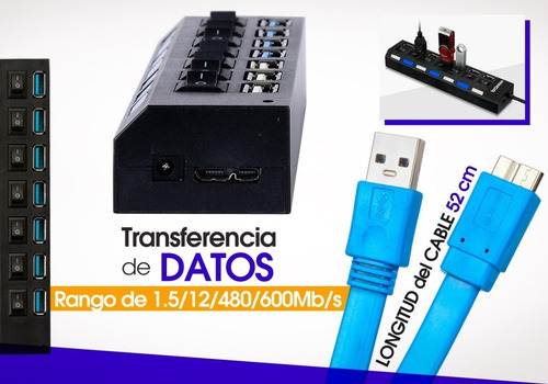 Imagen 9 de 10 de Hub Usb 3.0 Multiplicador 7 Teclas Led 5 Gbps + Fuente 5v
