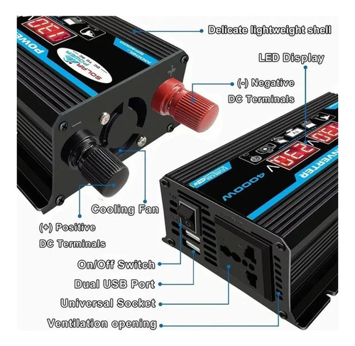 Inversor De Carro Digital Inteligente 2 Usb 12v A 220v 4000w