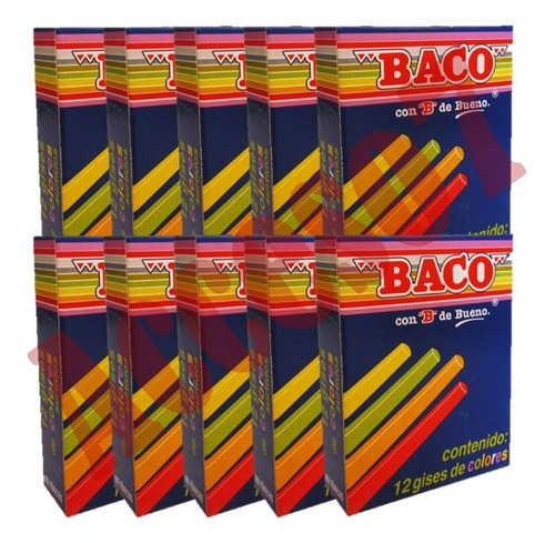 10 Cajas Con 12 Gises P/ Pizarron De Colores (120 Pzas) Baco