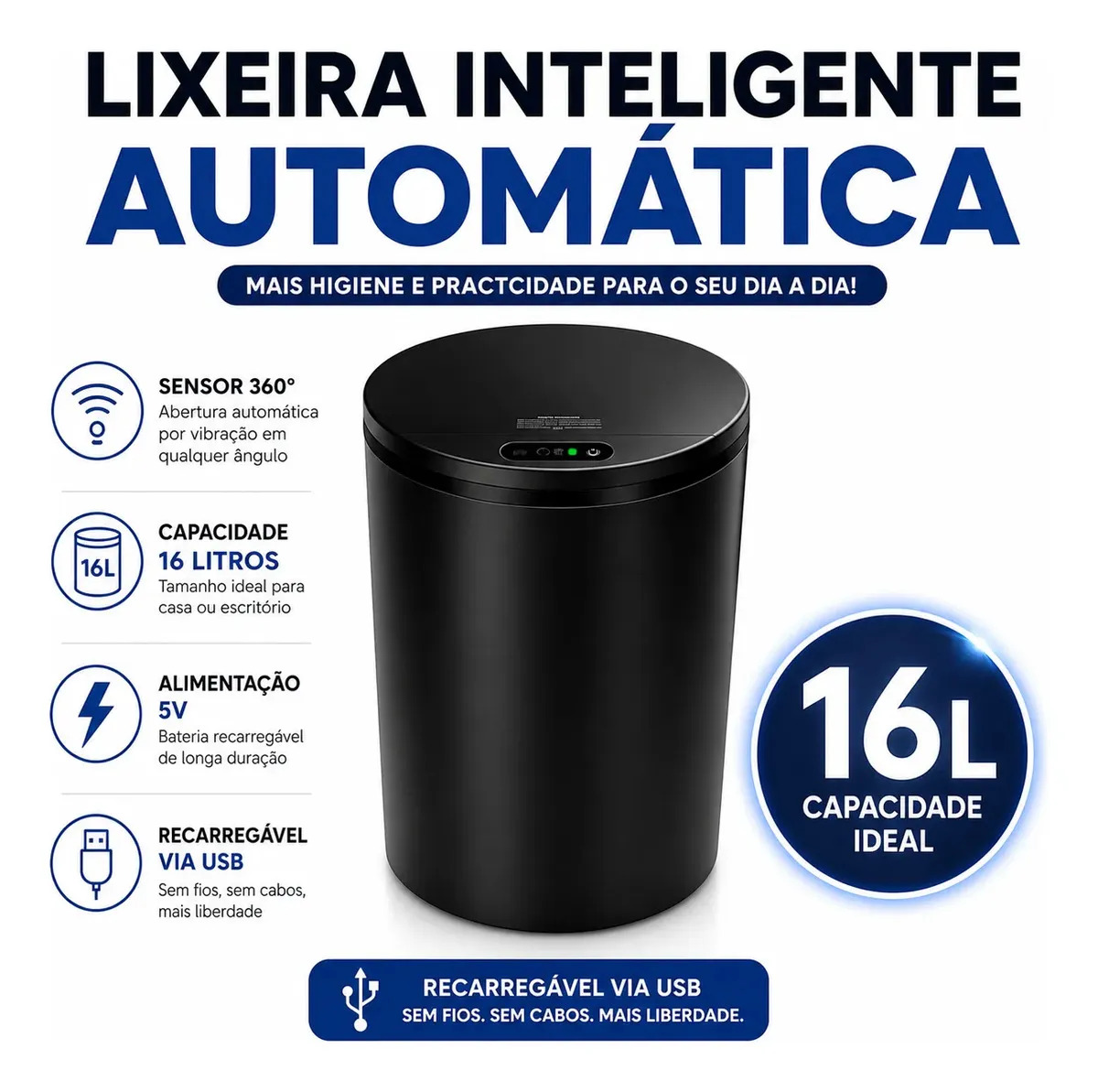 Lixeira Inteligente  Automática com Sensor para Cozinha e Banheiro, 16 Litros Preto