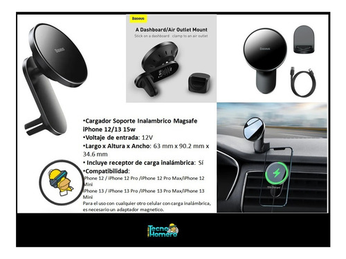 Imagen 6 de 10 de Cargador Auto Rapido Inalambrico Magsafe iPhone 12/13 15w