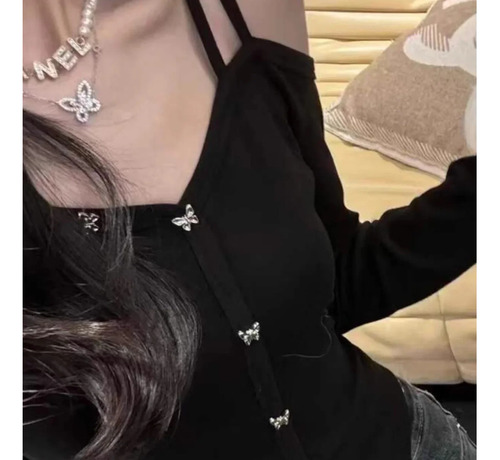 Camiseta De Manga Larga Con Cuello En V Y Hombros Descubiert