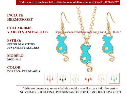 (set 4610) Joyería Conjunto Dije Aretes Gato Dorado / Cian