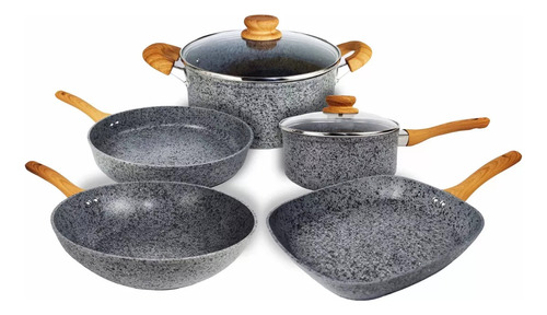 Set 5p Hudson Granito Stone Bateria Wok Bifera Induccion 