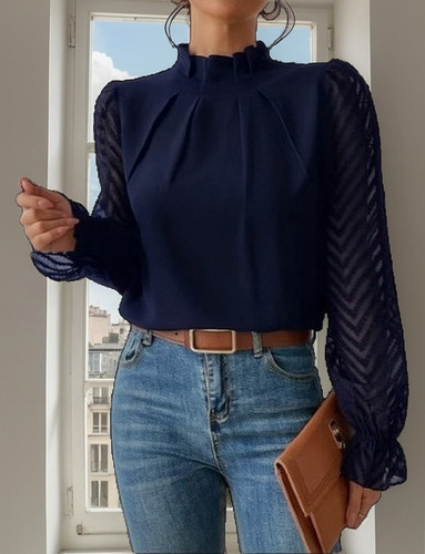 Camisa De Gasa Para Mujer Con Cuello Medio Alto Y Mangas