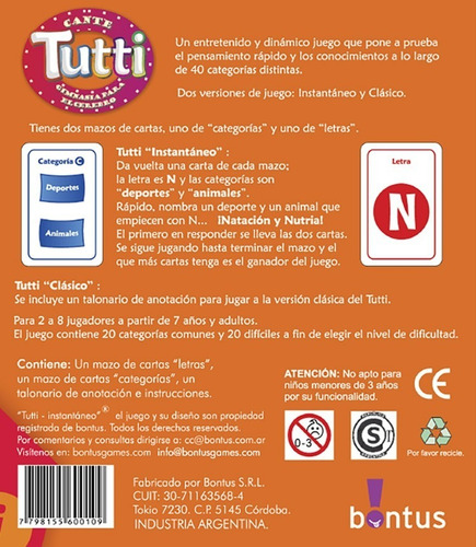 Imagen 3 de 5 de Cartas Cante Tutti Bontus Juego De Mesa Familiar Viaje Edu