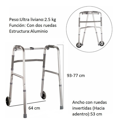 Imagen 2 de 6 de Andador Ortopédico De Aluminio Plegable 2 Ruedas Adulto