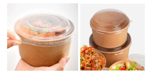 100 Bowls Contenedores Biodegradables 1000ml + Tapa Cupple Caqui