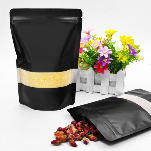 ' 100pcs Bolsas Stand Up Pouch Kraft Negro Con Ventana