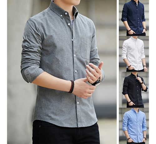 Camisa Para Hombre, Diseño De Dobladillo Con Botones, Algodó