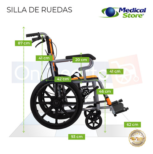 Silla De Ruedas Traslado Acero Ligera Todo Terreno Plegable Color Naranja