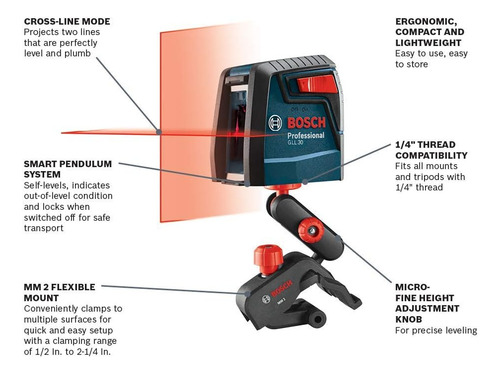 Nivel Láser De Línea Cruzada Bosch Gll30, Autonivelante, 9 M