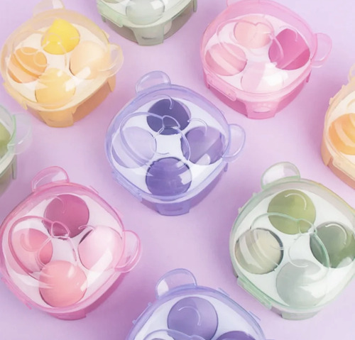 Set Esponjas De Maquillaje Borlas Con Estuche Osito Kawaii