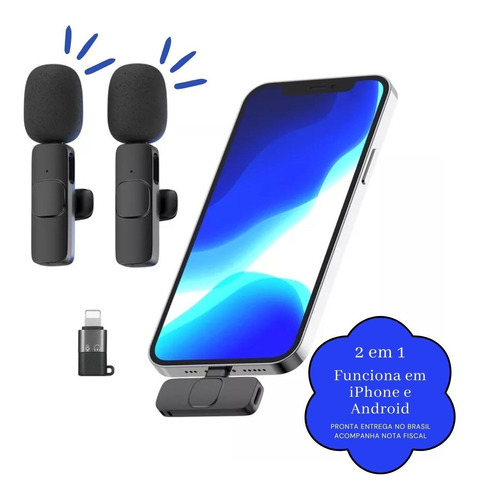 Microfone Lapela Celular Duplo Profissional Samsung iPhone Cor Duplo USB Tipo C / Lightning