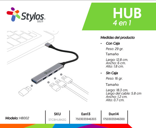 Hub Usb Stylos Stcbhub42g 4 Puertos Tipo C Color Gris Oscuro