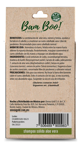 Shampoo Sólido Artesanal Aloe Vera 80 Gr Bam Boo! Lifestyle