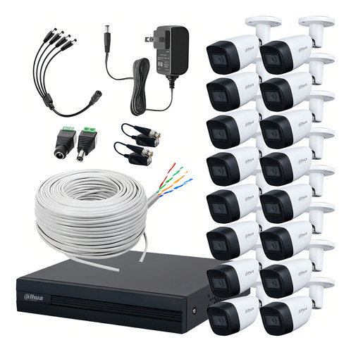 Kit videovigilancia cronos 16 cámaras Dahua bala HFW1200CM-A Con audio metálicas 2mp + bobina cable UTP + Baluns + accesorios - kit cctv DH-KIT-MET16CH-SDD (dvr dahua XVR1b16-i circuito cerrado)