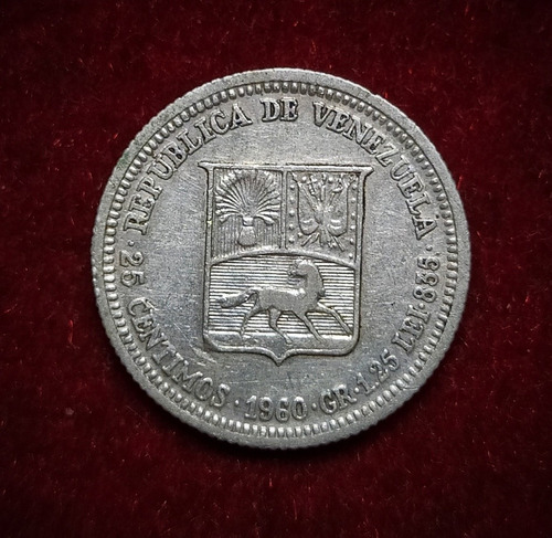 Moneda 25 Céntimos Venezuela 1960 Plata 0.835 Km Y35a 