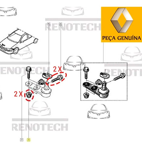 Imagem 4 de 10 de Kit 2 Porcas E Parafusos Do Pino Pivo Kangoo Express 00 A 18