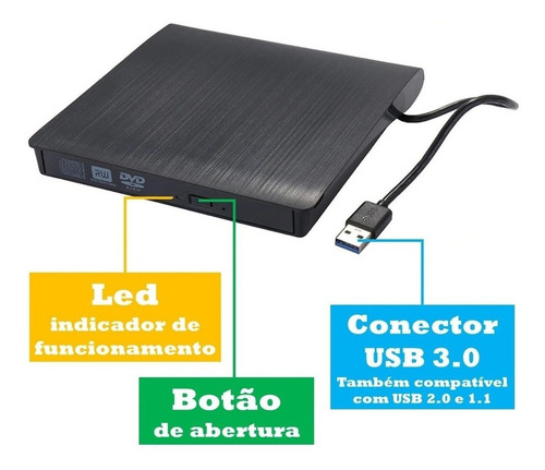 Imagem 4 de 9 de Leitor & Gravador Cd Dvd Drive Externo Usb 3.0 5gbps Slim