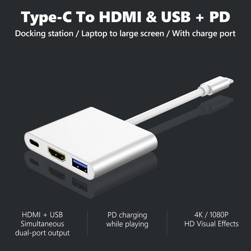 Imagen 4 de 10 de Adaptador Hub 3 En 1 Usb-c A Hdmi, Usbc, Usb 3.0 - 4k