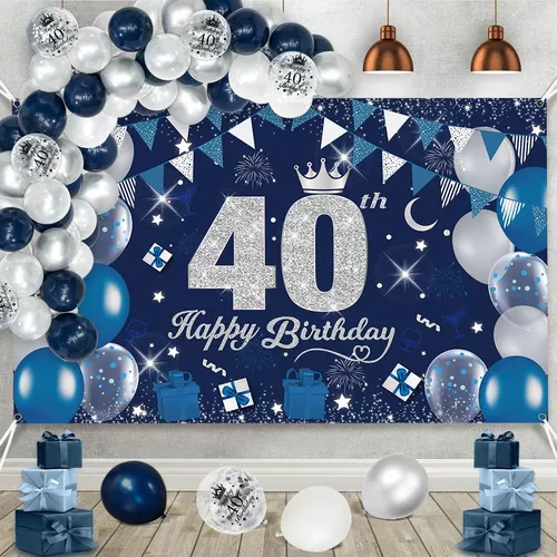 Adornos Para Cumpleaños De 40 Años De Hombre, Azul, Plateado