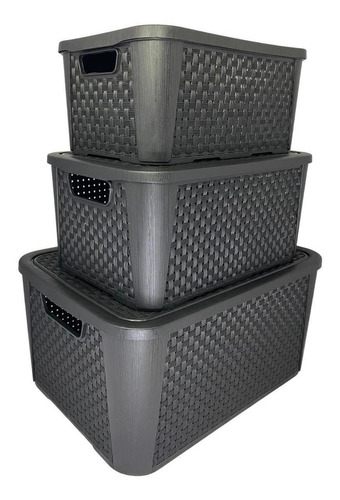 Plasnew kit 3 caixas cestos organizadoras pequeno médio grande cor preto