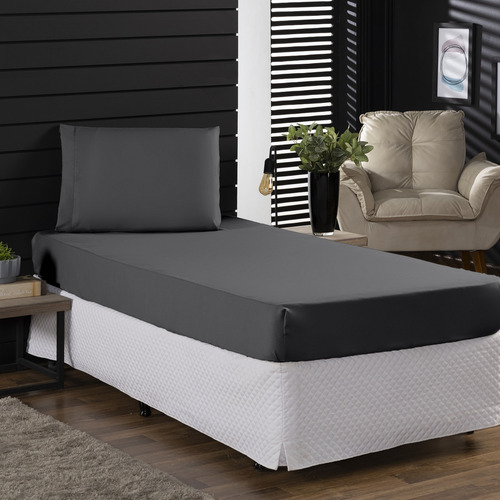 Jogo Roupa Cama Lençol Solteiro 400 Fios 2 Peças Barra Hotel Cor Chumbo Desenho do tecido Liso