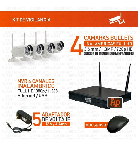 Kit 4 Camaras Seguridad Ip Inalambrico Full Hd Nvr Wifi Hdmi