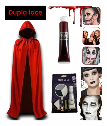 Kit Capa Drácula Vampiro Bruxa Adulto Maquiagem + Sangue