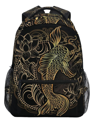 Mochila Escolar Asiática Espiritual Dorada Koi, Mochila Para