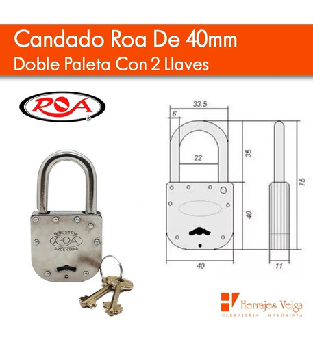 Imagen 2 de 8 de Candado Roa De 40mm Doble Paleta Con 2 Llaves Seguridad