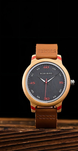 Reloj De Madera Bobo Bird Gt048 Bambú 44 Mm Con Caja Correa Café Bisel Café Fondo Negro