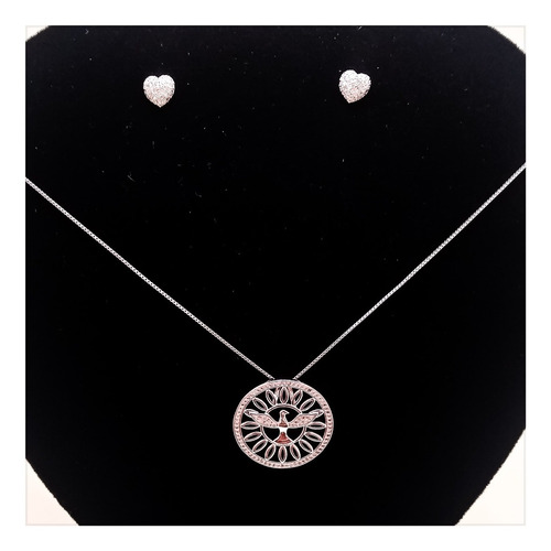 Conjunto Colar E Brinco Espírito Santo E Coração Banho Ródio
