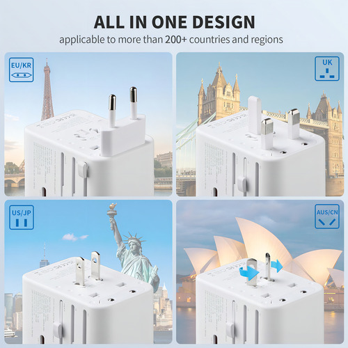 Epicka Adaptador de Viaje Universal Adaptador de Enchufe Internacional Gan Con 3 Usbc Carga Rápida Pd 70w y 2 Usba Cargador de Pared Todo en uno Para Usa Ue Reino Unido Aus Blanco 127V