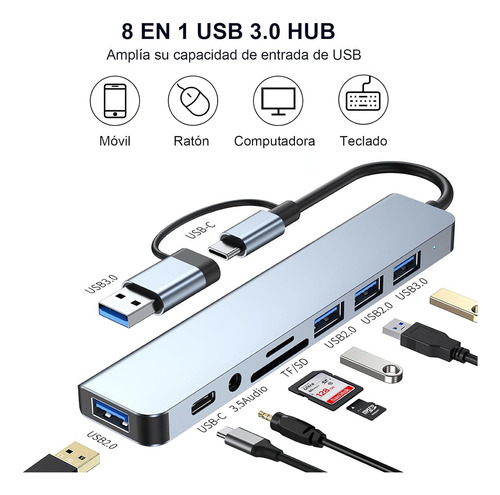 Adaptador Usb C Hub Tipo C, 8 En 1, Multipuerto, Usb 3.0, Sd