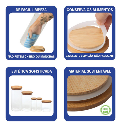 Jogo 5 Potes Hermético Redondo Vidro Tampa Bambu Mimo Style Cor Transparente