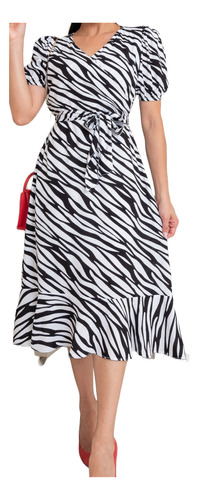 Vestido  Zebra Midi Babado Moda Gospel Evangélica  Feminino