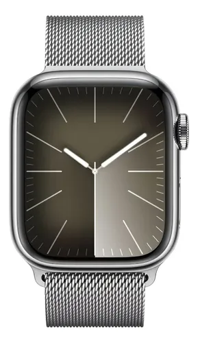 Apple Watch Series 9 GPS + Cellular • Caixa prateada de aço inoxidável – 41 mm • Pulseira prateada estilo milanês