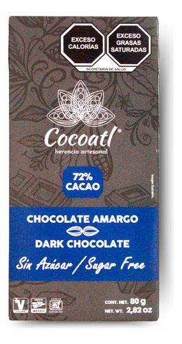 Barra De Chocolate Amargo Cocoatl 72% Cacao 80g - Sin Azúcar