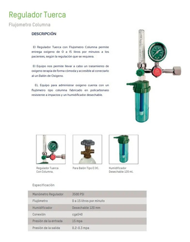 Regulador De Oxígeno Tuerca / Tipo H - Kit Flujómetro, Vaso
