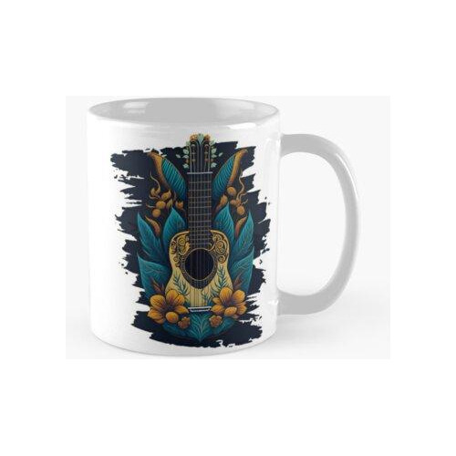 Taza Guitarra Acustica Con Flores Calidad Premium