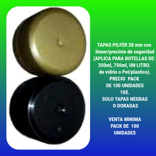 Tapas Plásticas Tipo Pilfer28mm P/botellas Vidrio/pet (pack)
