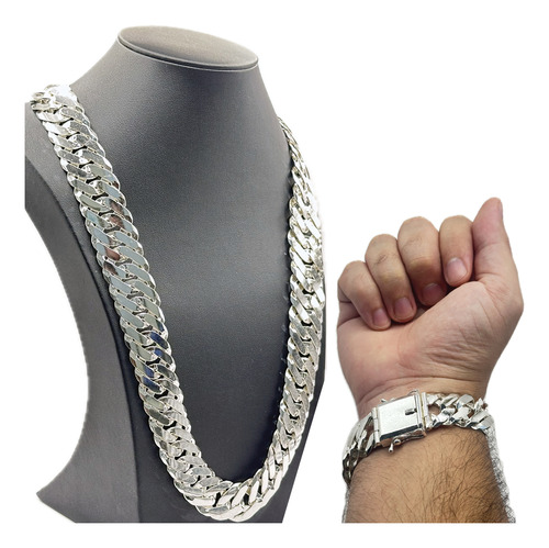 Corrente Grumet Dupla E Pulseira Prata 925 Maciça 70cm 22mm Prateado