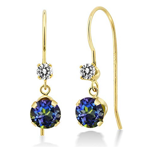 Aretes De Oro Amarillo 14k Con Topacio Místico Azul Y Diaman